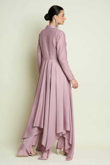 Shop_Aakaar_Purple Cotton, Silk Embroidery, Sequins Asymmetric Blazer And Pant Set _Online_at_Aza_Fashions