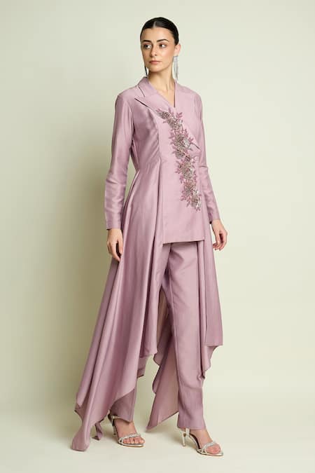 Aakaar_Purple Cotton, Silk Embroidery, Sequins Asymmetric Blazer And Pant Set _at_Aza_Fashions