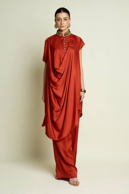 Aakaar_Rust Silk Embroidery, Sequins, Beads Mandarin Collar Draped Tunic And Pant Set _Online_at_Aza_Fashions