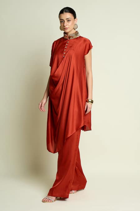 Buy_Aakaar_Rust Silk Embroidery, Sequins, Beads Mandarin Collar Draped Tunic And Pant Set _Online_at_Aza_Fashions