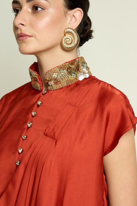 Shop_Aakaar_Rust Silk Embroidery, Sequins, Beads Mandarin Collar Draped Tunic And Pant Set _Online_at_Aza_Fashions