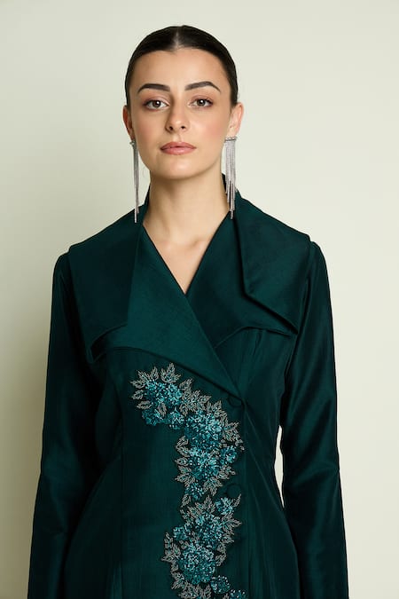 Aakaar Green Cotton, Silk Embroidery, Beads Asymmetric Blazer And Pant Set Online at Aza Fashions Aakaar_Green Cotton, Silk Embroidery, Beads Asymmetric Blazer And Pant Set _Online_at_Aza_Fashions