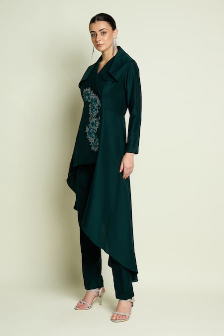 Buy Aakaar Green Cotton, Silk Embroidery, Beads Asymmetric Blazer And Pant Set Online at Aza Fashions Buy_Aakaar_Green Cotton, Silk Embroidery, Beads Asymmetric Blazer And Pant Set _Online_at_Aza_Fashions
