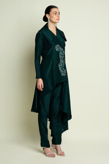 Shop Aakaar Green Cotton, Silk Embroidery, Beads Asymmetric Blazer And Pant Set Online at Aza Fashions Shop_Aakaar_Green Cotton, Silk Embroidery, Beads Asymmetric Blazer And Pant Set _Online_at_Aza_Fashions