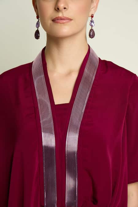 Aakaar_Burgundy Crepe, Silk V-neck Draped Tunic And Pant Set _Online_at_Aza_Fashions