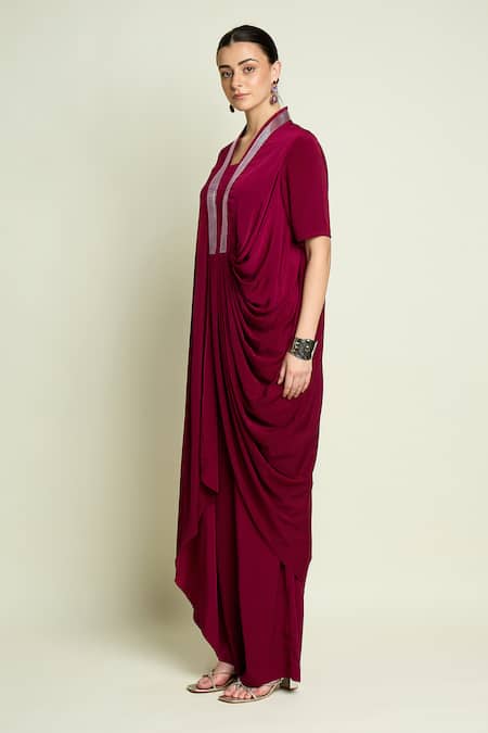 Buy_Aakaar_Burgundy Crepe, Silk V-neck Draped Tunic And Pant Set _Online_at_Aza_Fashions