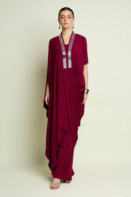 Aakaar_Burgundy Crepe, Silk V-neck Draped Tunic And Pant Set _at_Aza_Fashions
