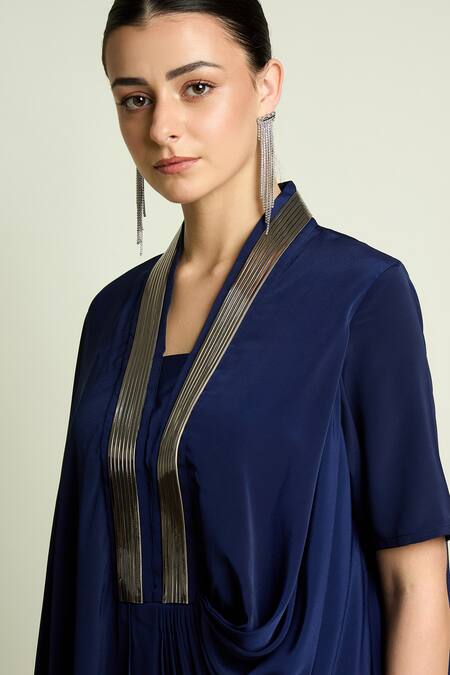 Aakaar_Navy Silk, Crepe V-neck Draped Tunic And Pant Set _Online_at_Aza_Fashions