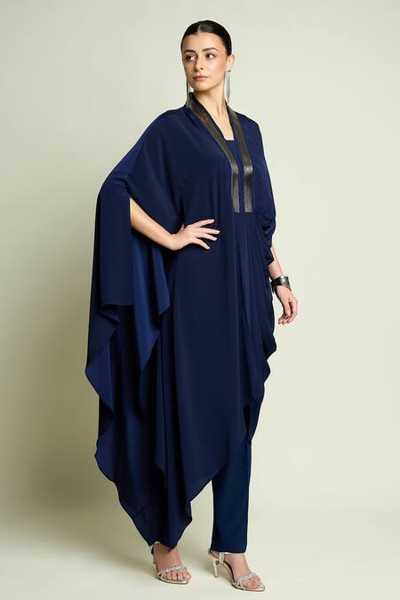 Shop_Aakaar_Navy Silk, Crepe V-neck Draped Tunic And Pant Set _Online_at_Aza_Fashions