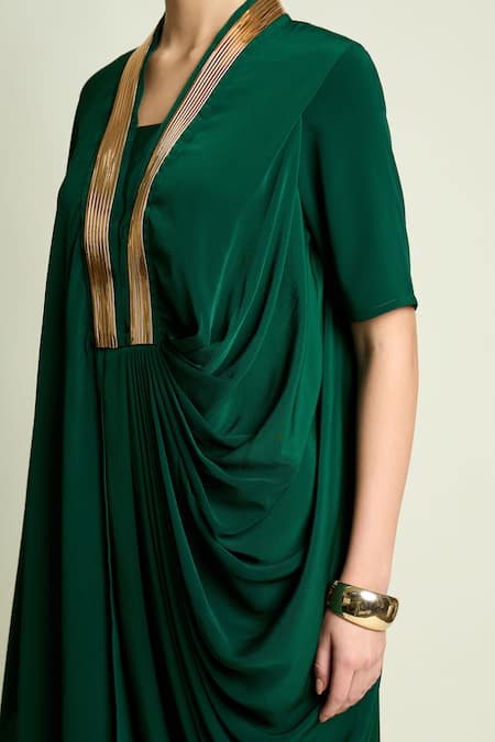 Aakaar_Green Silk, Crepe V-neck Draped Tunic And Pant Set _Online_at_Aza_Fashions