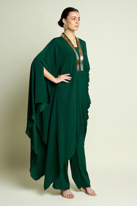 Buy_Aakaar_Green Silk, Crepe V-neck Draped Tunic And Pant Set _Online_at_Aza_Fashions