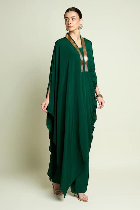 Shop_Aakaar_Green Silk, Crepe V-neck Draped Tunic And Pant Set _Online_at_Aza_Fashions