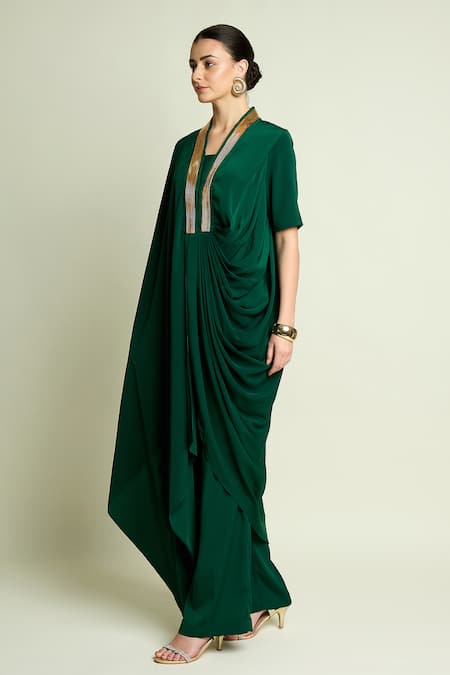 Aakaar_Green Silk, Crepe V-neck Draped Tunic And Pant Set _at_Aza_Fashions