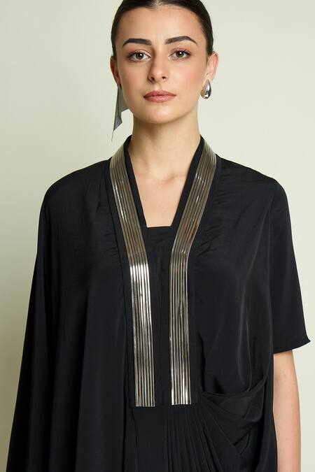 Aakaar_Black Silk, Crepe V-neck Draped Tunic And Pant Set _Online_at_Aza_Fashions