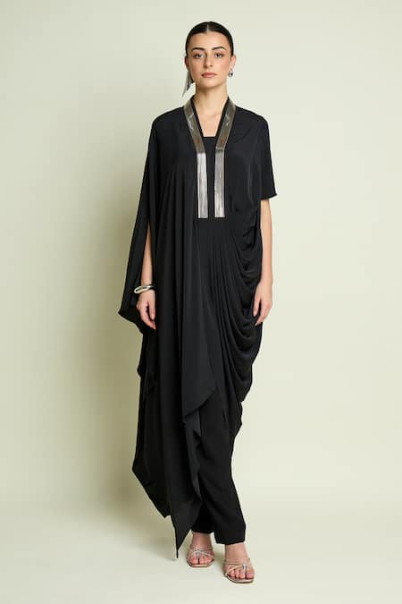 Buy_Aakaar_Black Silk, Crepe V-neck Draped Tunic And Pant Set _Online_at_Aza_Fashions