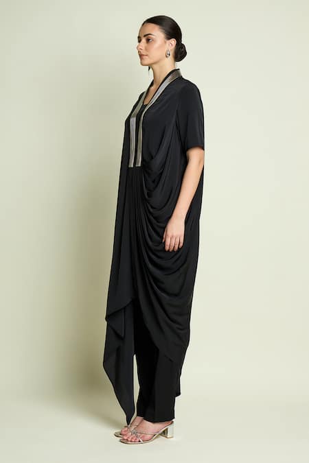 Shop_Aakaar_Black Silk, Crepe V-neck Draped Tunic And Pant Set _Online_at_Aza_Fashions