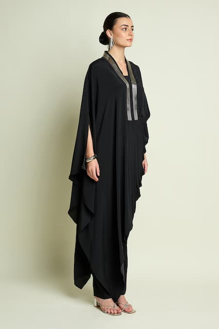 Aakaar_Black Silk, Crepe V-neck Draped Tunic And Pant Set _at_Aza_Fashions