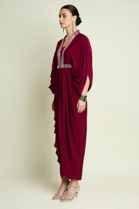 Aakaar_Maroon Crepe, Silk V-neck Metallic Striped Draped Dress _Online_at_Aza_Fashions