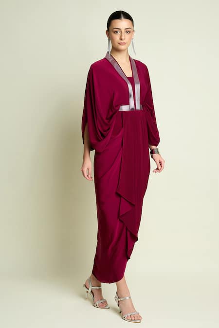 Buy_Aakaar_Maroon Crepe, Silk V-neck Metallic Striped Draped Dress _Online_at_Aza_Fashions