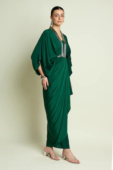 Shop_Aakaar_Green Crepe, Silk V-neck Metallic Detail Draped Dress _Online_at_Aza_Fashions