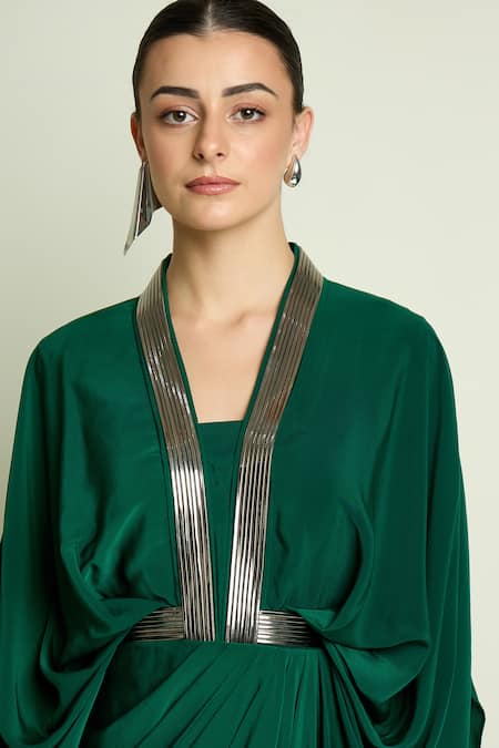 Aakaar_Green Crepe, Silk V-neck Metallic Detail Draped Dress _at_Aza_Fashions