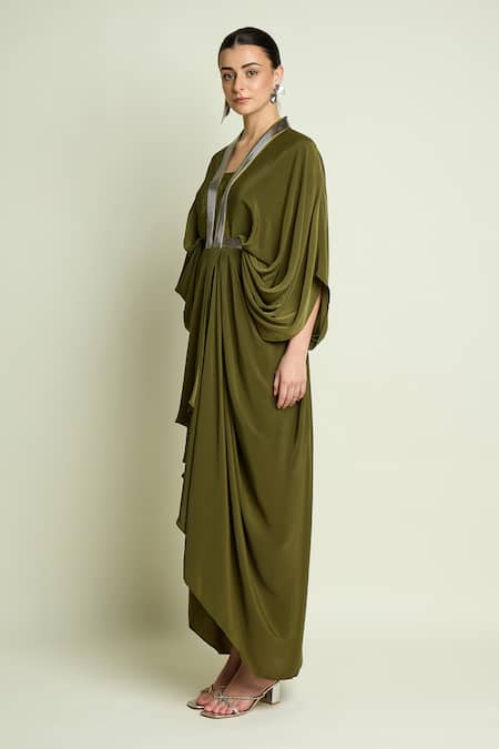 Aakaar_Green Crepe, Silk V-neck Draped Kaftan Dress _Online_at_Aza_Fashions