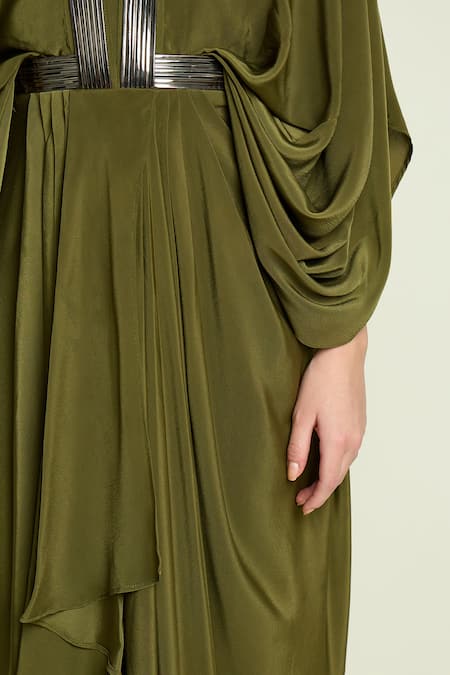 Shop_Aakaar_Green Crepe, Silk V-neck Draped Kaftan Dress _Online_at_Aza_Fashions