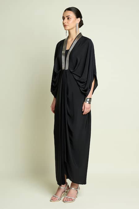 Aakaar_Black Crepe, Silk V-neck Metallic Neckline Embroidered Draped Dress _Online_at_Aza_Fashions