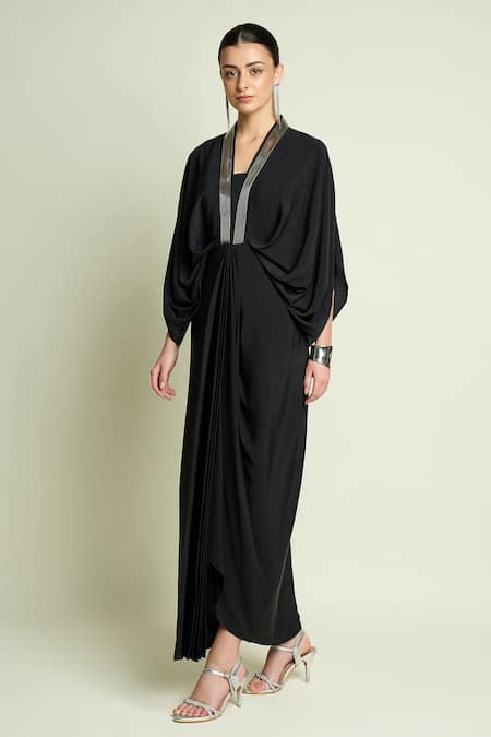 Shop_Aakaar_Black Crepe, Silk V-neck Metallic Neckline Embroidered Draped Dress _Online_at_Aza_Fashions