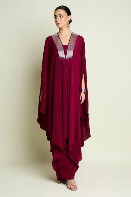 Aakaar_Maroon Crepe, Silk V-neck Kaftan And Pant Set _Online_at_Aza_Fashions