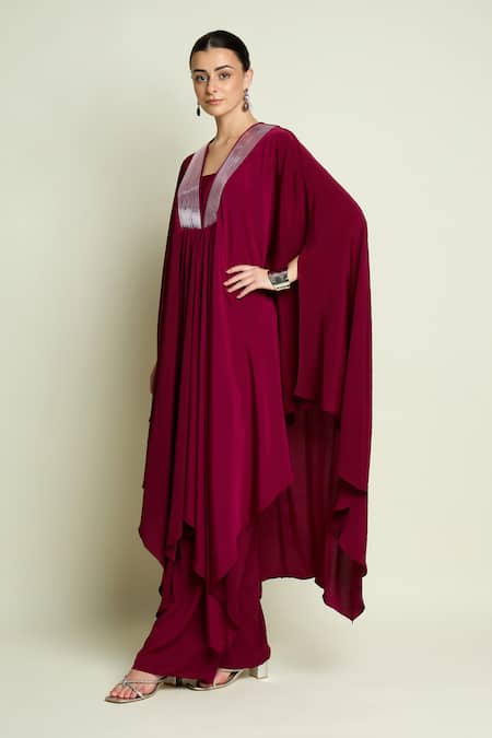 Buy_Aakaar_Maroon Crepe, Silk V-neck Kaftan And Pant Set _Online_at_Aza_Fashions