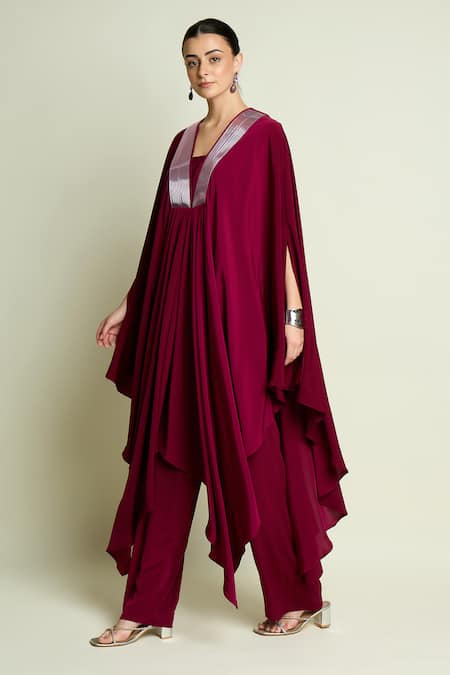 Shop_Aakaar_Maroon Crepe, Silk V-neck Kaftan And Pant Set _Online_at_Aza_Fashions