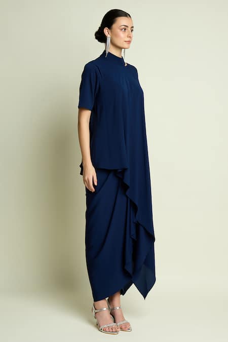 Aakaar_Navy Crepe High Neck Asymmetric Kaftan And Draped Skirt Set _Online_at_Aza_Fashions