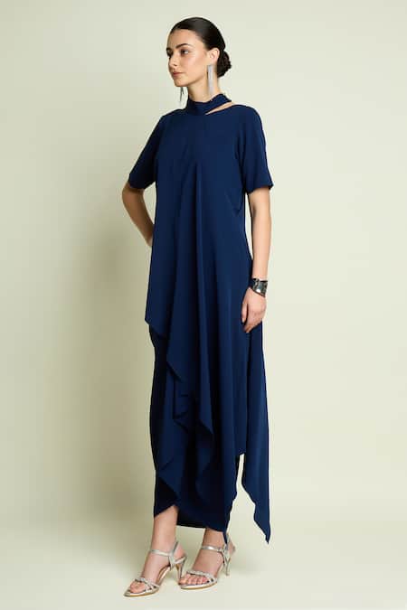 Buy_Aakaar_Navy Crepe High Neck Asymmetric Kaftan And Draped Skirt Set _Online_at_Aza_Fashions