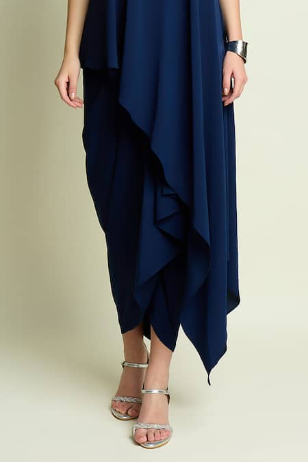 Shop_Aakaar_Navy Crepe High Neck Asymmetric Kaftan And Draped Skirt Set _Online_at_Aza_Fashions