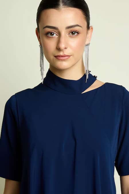 Aakaar_Navy Crepe High Neck Asymmetric Kaftan And Draped Skirt Set _at_Aza_Fashions