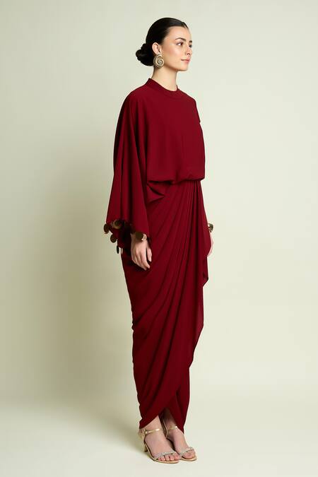 Buy_Aakaar_Maroon Crepe High Neck Draped Kaftan Dress _Online_at_Aza_Fashions