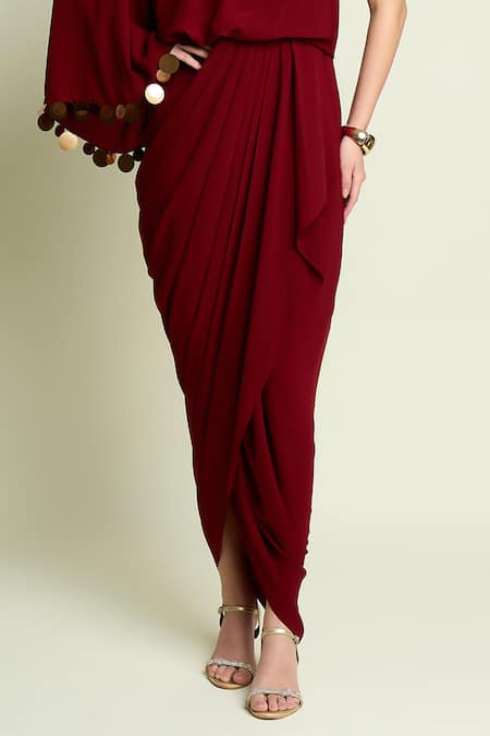 Shop_Aakaar_Maroon Crepe High Neck Draped Kaftan Dress _Online_at_Aza_Fashions