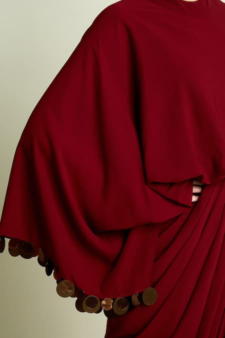 Aakaar_Maroon Crepe High Neck Draped Kaftan Dress _at_Aza_Fashions