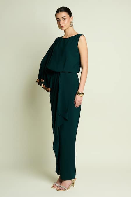 Aakaar_Green Crepe Sequins Boat Neck Draped Kaftan Dress _Online_at_Aza_Fashions
