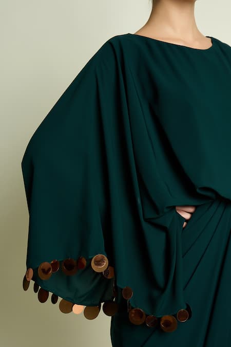Shop_Aakaar_Green Crepe Sequins Boat Neck Draped Kaftan Dress _Online_at_Aza_Fashions