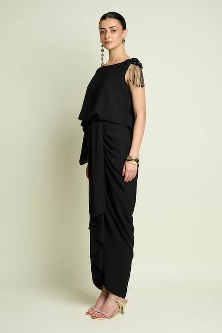 Aakaar_Black Crepe Beads, Fringe Boat Neck Draped Dress _Online_at_Aza_Fashions