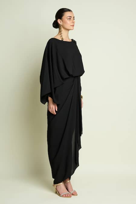 Buy_Aakaar_Black Crepe Beads, Fringe Boat Neck Draped Dress _Online_at_Aza_Fashions