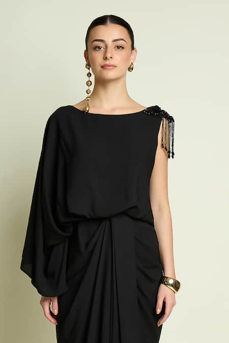 Shop_Aakaar_Black Crepe Beads, Fringe Boat Neck Draped Dress _Online_at_Aza_Fashions
