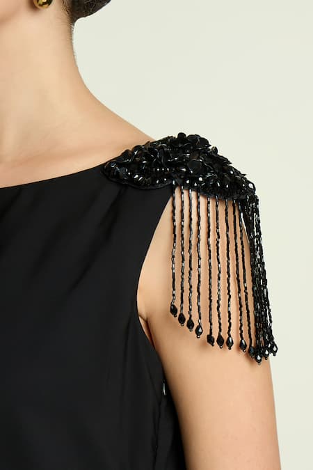 Aakaar_Black Crepe Beads, Fringe Boat Neck Draped Dress _at_Aza_Fashions