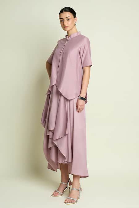 Aakaar_Purple Cotton, Silk Mandarin Collar Asymmetric Hem Layered Dress _Online_at_Aza_Fashions