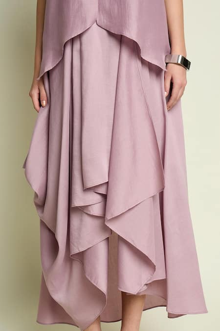 Buy_Aakaar_Purple Cotton, Silk Mandarin Collar Asymmetric Hem Layered Dress _Online_at_Aza_Fashions