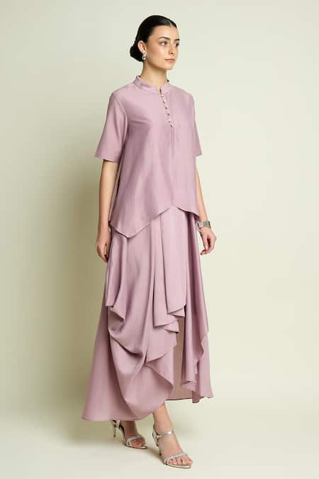 Shop_Aakaar_Purple Cotton, Silk Mandarin Collar Asymmetric Hem Layered Dress _Online_at_Aza_Fashions