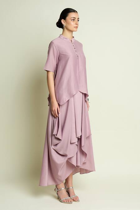 Aakaar_Purple Cotton, Silk Mandarin Collar Asymmetric Hem Layered Dress _at_Aza_Fashions