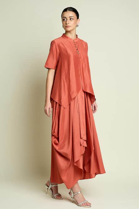 Aakaar_Orange Cotton, Silk Mandarin Collar Draped Layered Dress _Online_at_Aza_Fashions